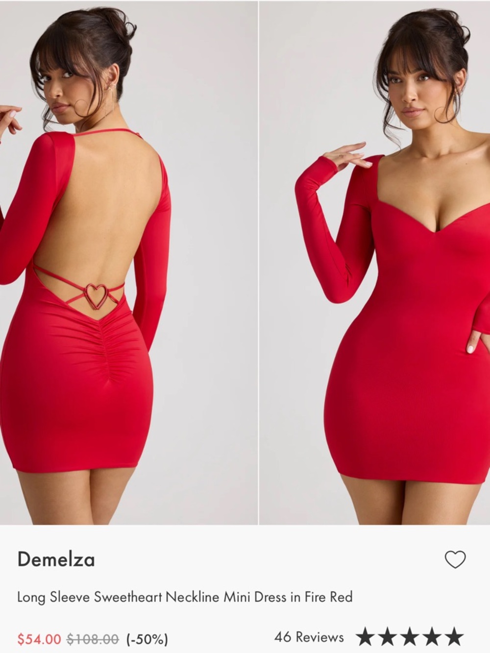 Oh Polly Fire Red Long Sleeve Sweetheart Mini Dress with Heart Back Detail